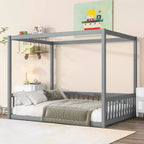 Cama Baja de Madera de Pino con Techo, Barandales y Valla de Seguridad para Niños