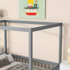 Cama Baja de Madera de Pino con Techo, Barandales y Valla de Seguridad para Niños
