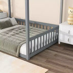 Cama Baja de Madera de Pino con Techo, Barandales y Valla de Seguridad para Niños