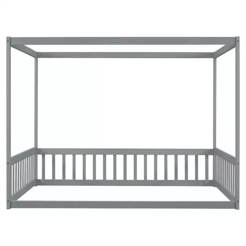 Cama Baja de Madera de Pino con Techo, Barandales y Valla de Seguridad para Niños