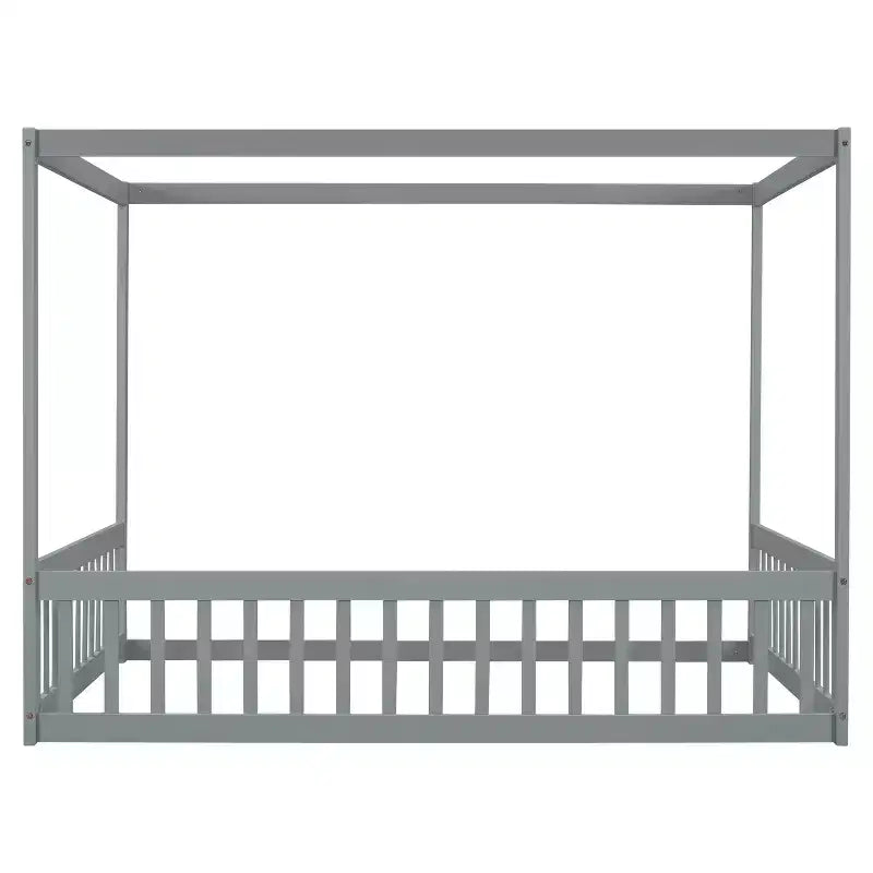 Cama Baja de Madera de Pino con Techo, Barandales y Valla de Seguridad para Niños