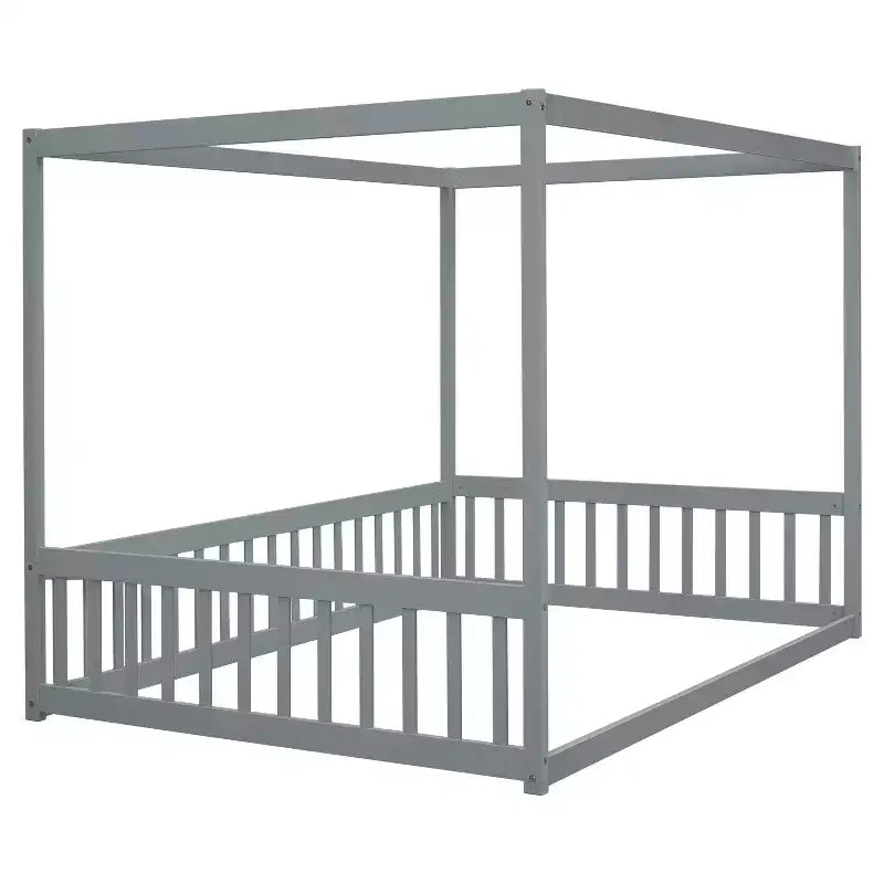 Cama Baja de Madera de Pino con Techo, Barandales y Valla de Seguridad para Niños