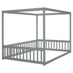 Cama Baja de Madera de Pino con Techo, Barandales y Valla de Seguridad para Niños