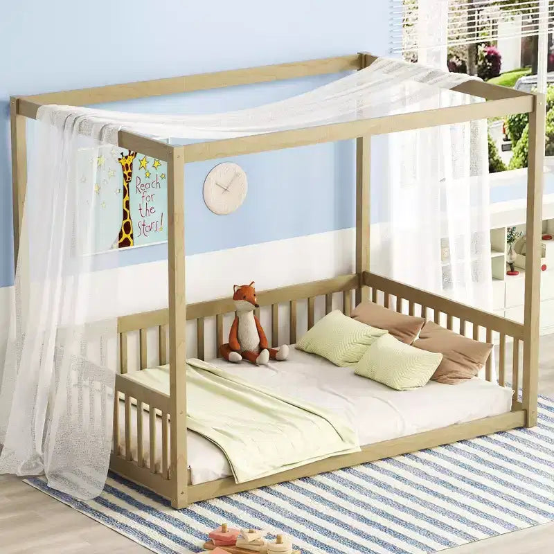 Cama Baja de Madera de Pino con Techo, Barandales y Valla de Seguridad para Niños