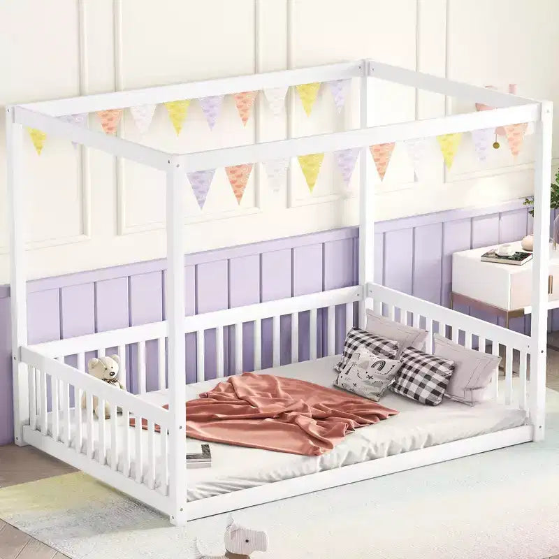 Cama Baja de Madera de Pino con Techo, Barandales y Valla de Seguridad para Niños