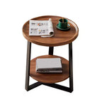 Mesa auxiliar redonda, tablero de madera de 19.69" y estructura de metal negro, mesa auxiliar de 2 niveles para sala de estar, dormitorio