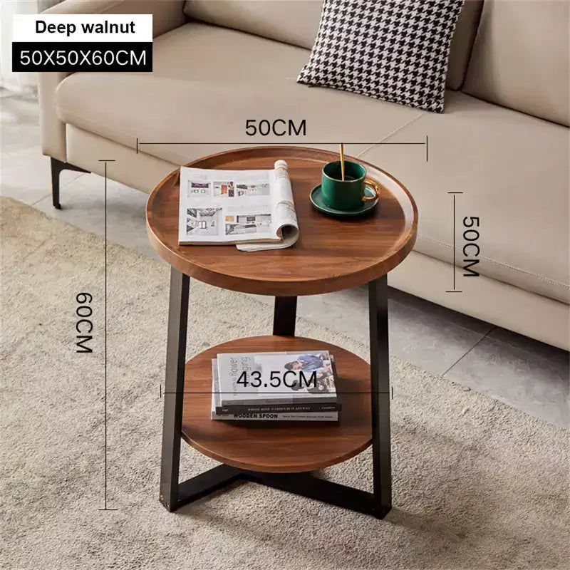 Mesa auxiliar redonda, tablero de madera de 19.69" y estructura de metal negro, mesa auxiliar de 2 niveles para sala de estar, dormitorio