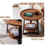 Mesa auxiliar redonda, tablero de madera de 19.69" y estructura de metal negro, mesa auxiliar de 2 niveles para sala de estar, dormitorio