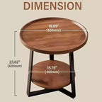 Mesa auxiliar redonda, tablero de madera de 19.69" y estructura de metal negro, mesa auxiliar de 2 niveles para sala de estar, dormitorio