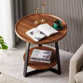 Mesa auxiliar redonda, tablero de madera de 19.69" y estructura de metal negro, mesa auxiliar de 2 niveles para sala de estar, dormitorio
