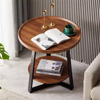 Mesa auxiliar redonda, tablero de madera de 19.69" y estructura de metal negro, mesa auxiliar de 2 niveles para sala de estar, dormitorio