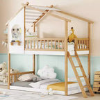 Wood Twin Over Twin Bunk Bed, House Bed with Roof and Window, Montessori Floor Bunk Bed Frame, Natural