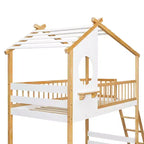 Litera de madera doble sobre doble, cama estilo casa con techo y ventana, litera Montessori a nivel del suelo, natural