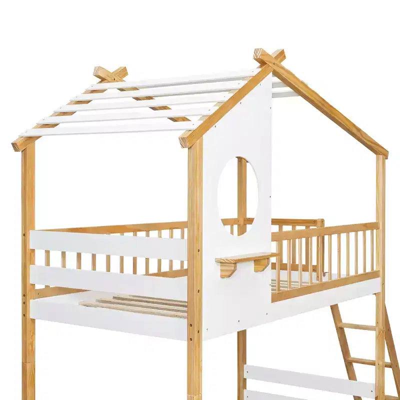 Litera de madera doble sobre doble, cama estilo casa con techo y ventana, litera Montessori a nivel del suelo, natural