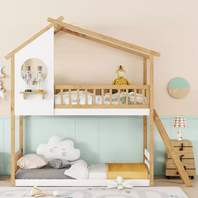 Litera de madera doble sobre doble, cama estilo casa con techo y ventana, litera Montessori a nivel del suelo, natural