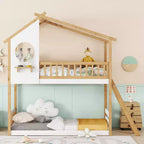 Litera de madera doble sobre doble, cama estilo casa con techo y ventana, litera Montessori a nivel del suelo, natural