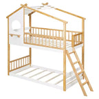 Litera de madera doble sobre doble, cama estilo casa con techo y ventana, litera Montessori a nivel del suelo, natural