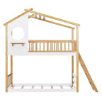 Litera de madera doble sobre doble, cama estilo casa con techo y ventana, litera Montessori a nivel del suelo, natural