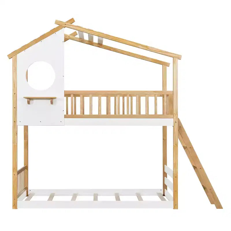 Litera de madera doble sobre doble, cama estilo casa con techo y ventana, litera Montessori a nivel del suelo, natural