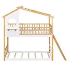 Litera de madera doble sobre doble, cama estilo casa con techo y ventana, litera Montessori a nivel del suelo, natural