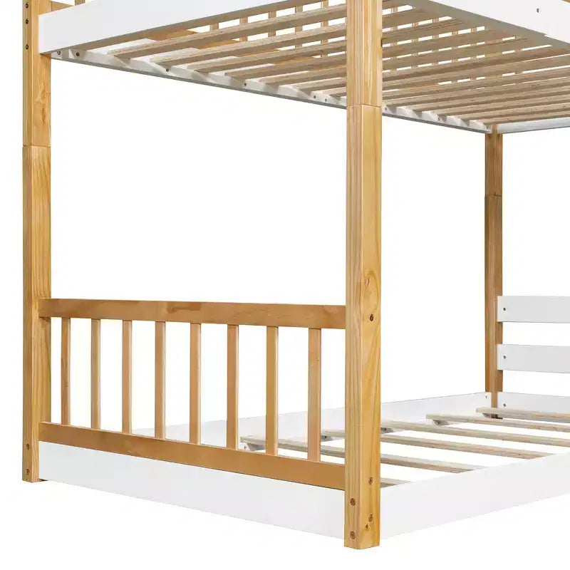 Litera de madera doble sobre doble, cama estilo casa con techo y ventana, litera Montessori a nivel del suelo, natural