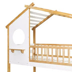 Litera de madera doble sobre doble, cama estilo casa con techo y ventana, litera Montessori a nivel del suelo, natural