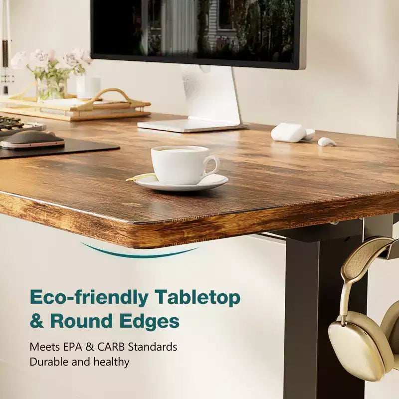 Escritorio de pie eléctrico ergonómico, ajustable en altura, estructura de metal en forma de T, ajustes preestablecidos de memoria, 100x60 cm, marrón