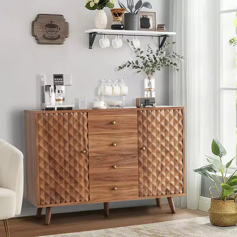 Aparador buffet de 47.2 pulgadas de ancho con 4 cajones, armario buffet con almacenamiento, estilo rústico de madera, armario buffet con almacenamiento de 2 puertas para sala de estar