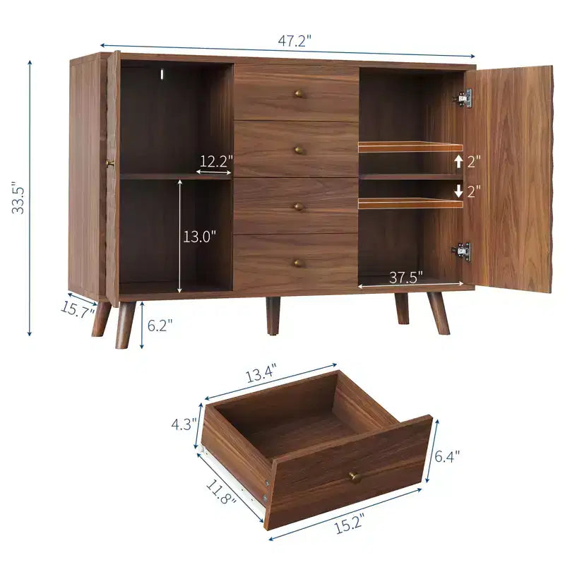 Aparador buffet de 47.2 pulgadas de ancho con 4 cajones, armario buffet con almacenamiento, estilo rústico de madera, armario buffet con almacenamiento de 2 puertas para sala de estar