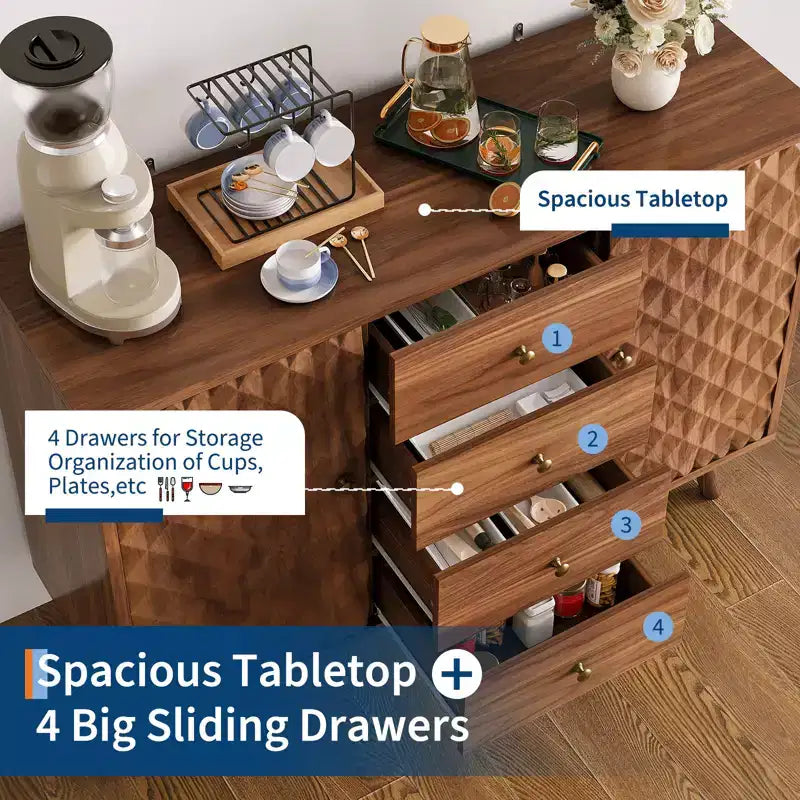 Aparador buffet de 47.2 pulgadas de ancho con 4 cajones, armario buffet con almacenamiento, estilo rústico de madera, armario buffet con almacenamiento de 2 puertas para sala de estar