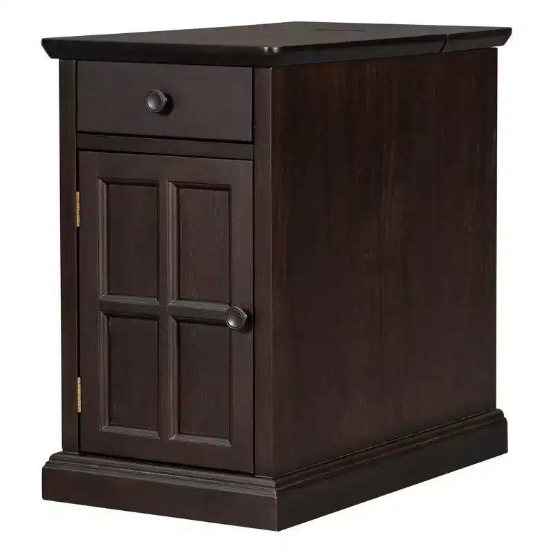 Mesa Auxiliar Vintage con Puertos USB, Cajón Multifuncional con Portavasos para Sala de Estar