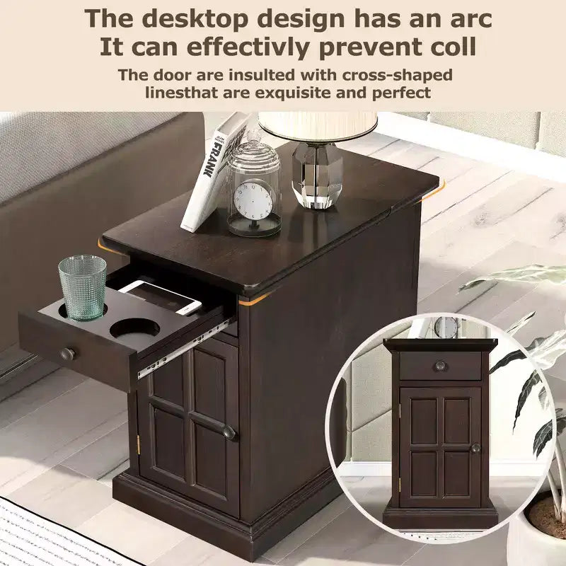Mesa Auxiliar Vintage con Puertos USB, Cajón Multifuncional con Portavasos para Sala de Estar