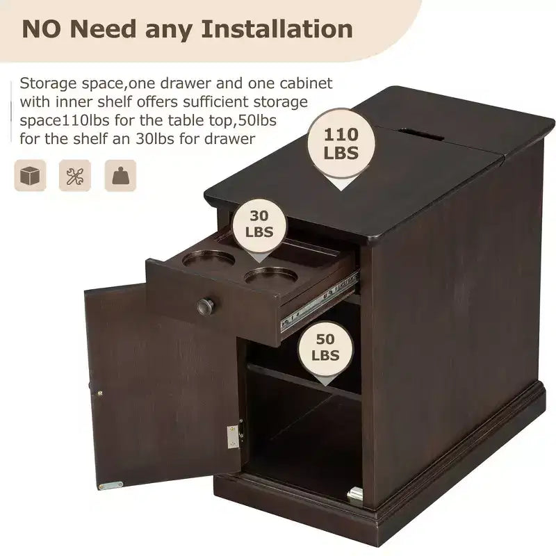 Mesa Auxiliar Vintage con Puertos USB, Cajón Multifuncional con Portavasos para Sala de Estar