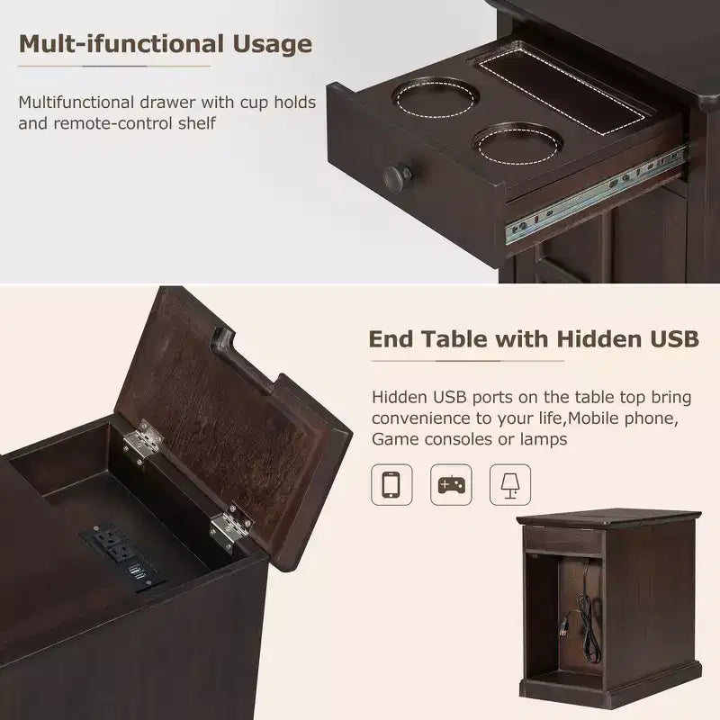 Mesa Auxiliar Vintage con Puertos USB, Cajón Multifuncional con Portavasos para Sala de Estar