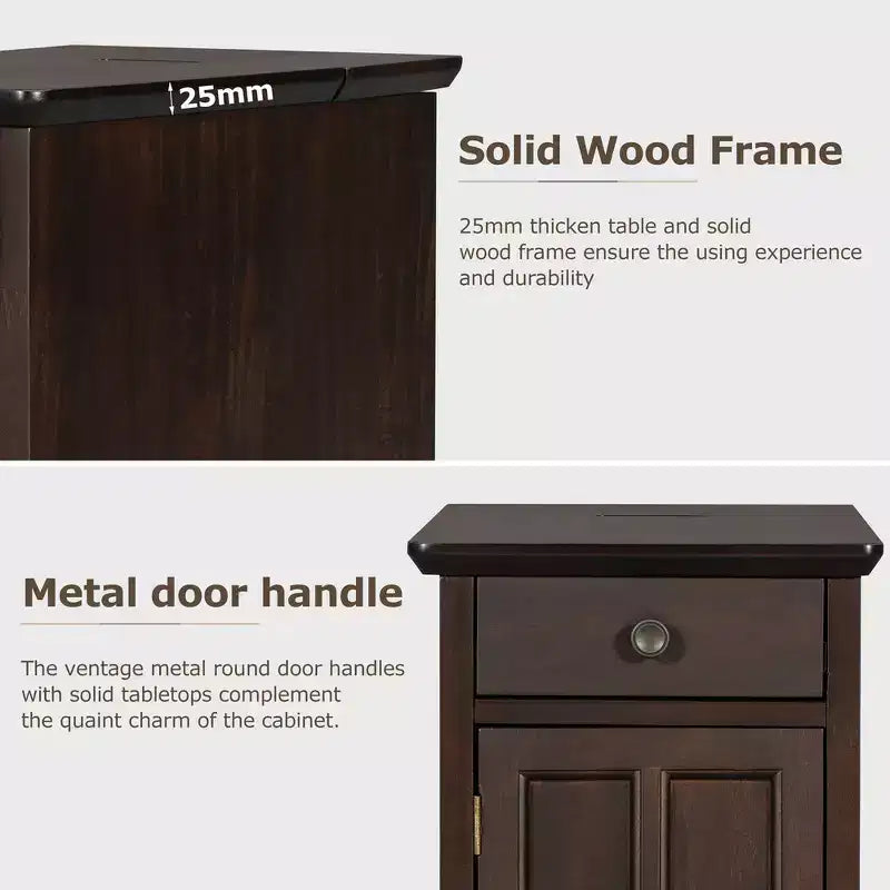 Mesa Auxiliar Vintage con Puertos USB, Cajón Multifuncional con Portavasos para Sala de Estar