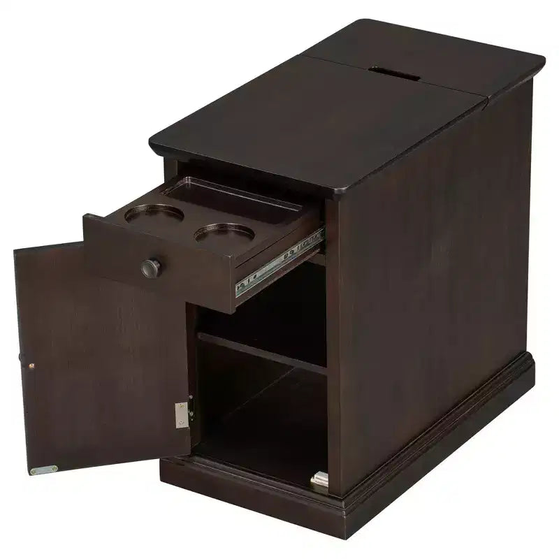 Mesa Auxiliar Vintage con Puertos USB, Cajón Multifuncional con Portavasos para Sala de Estar