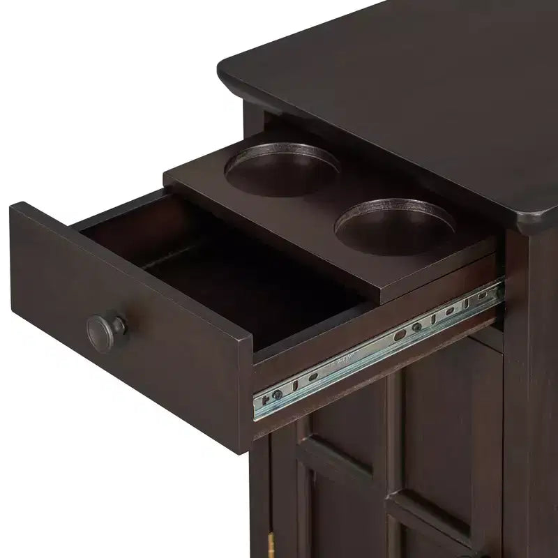 Mesa Auxiliar Vintage con Puertos USB, Cajón Multifuncional con Portavasos para Sala de Estar