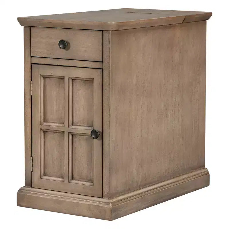 Mesa Auxiliar Vintage con Puertos USB, Cajón Multifuncional con Portavasos para Sala de Estar