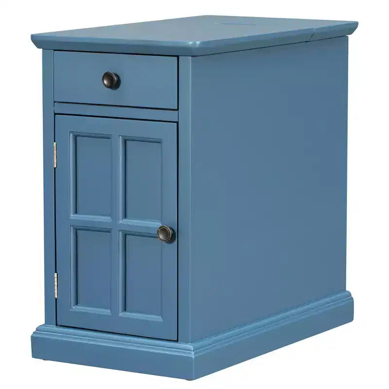 Mesa Auxiliar Vintage con Puertos USB, Cajón Multifuncional con Portavasos para Sala de Estar
