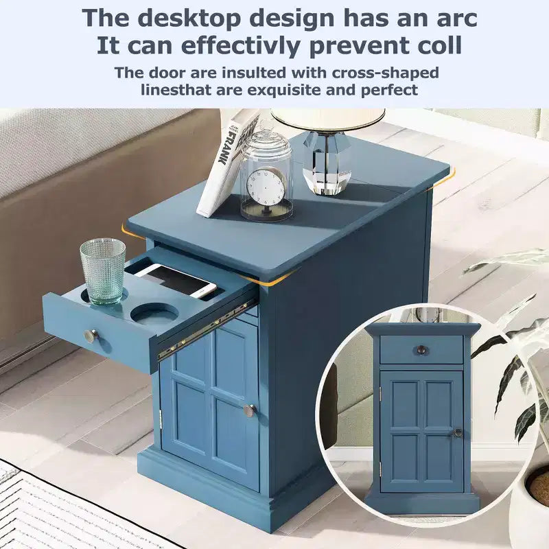 Mesa Auxiliar Vintage con Puertos USB, Cajón Multifuncional con Portavasos para Sala de Estar