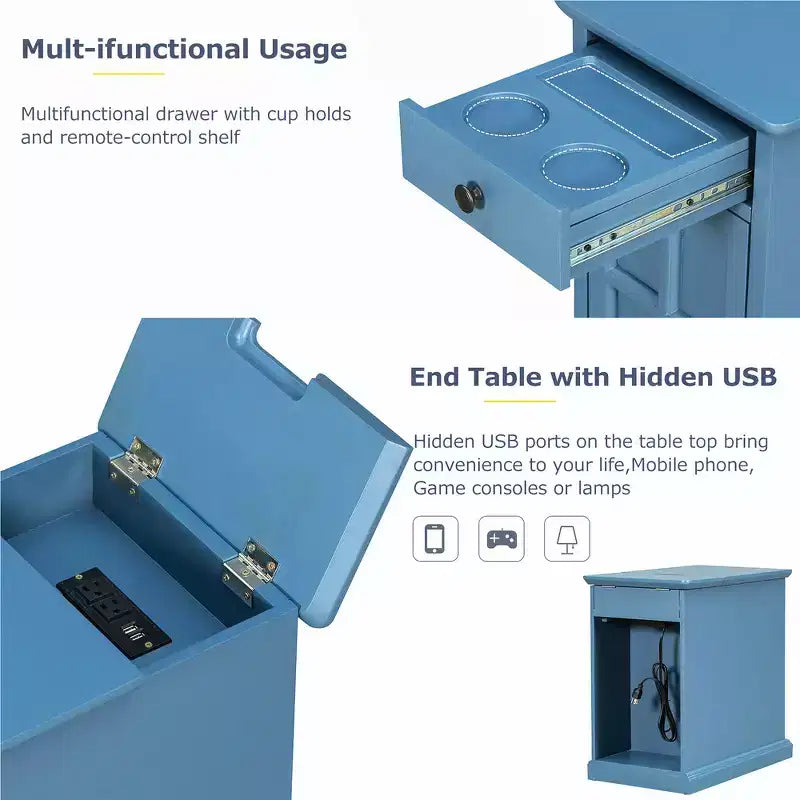 Mesa Auxiliar Vintage con Puertos USB, Cajón Multifuncional con Portavasos para Sala de Estar