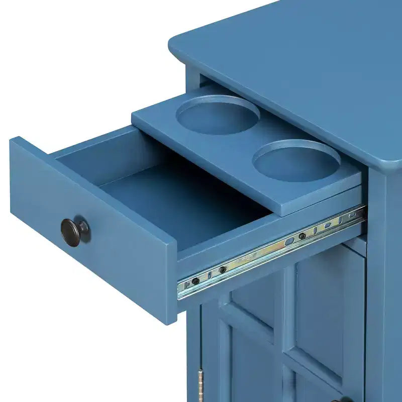Mesa Auxiliar Vintage con Puertos USB, Cajón Multifuncional con Portavasos para Sala de Estar