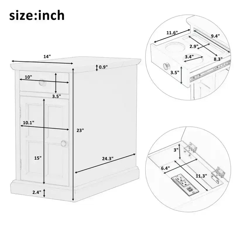 Mesa Auxiliar Vintage con Puertos USB, Cajón Multifuncional con Portavasos para Sala de Estar