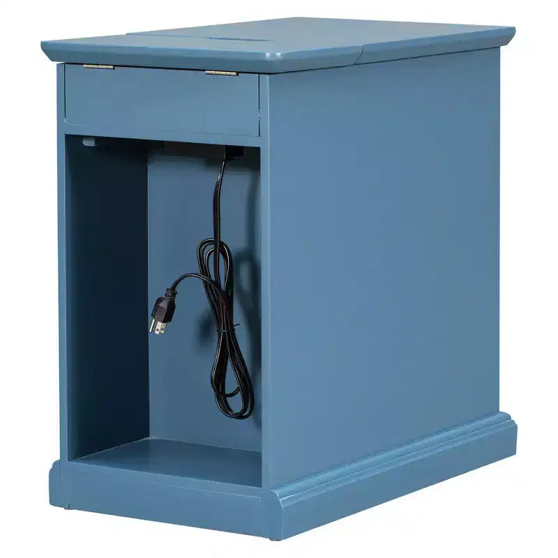 Mesa Auxiliar Vintage con Puertos USB, Cajón Multifuncional con Portavasos para Sala de Estar