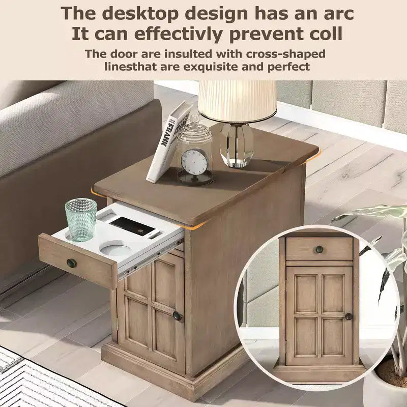 Mesa Auxiliar Vintage con Puertos USB, Cajón Multifuncional con Portavasos para Sala de Estar