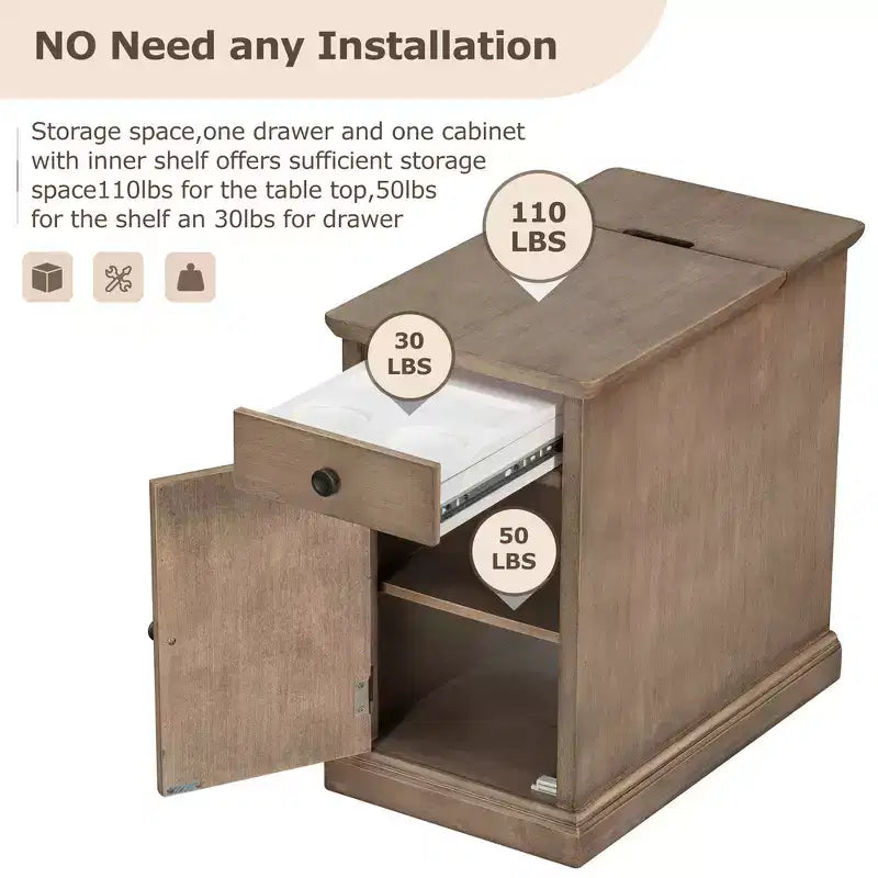 Mesa Auxiliar Vintage con Puertos USB, Cajón Multifuncional con Portavasos para Sala de Estar