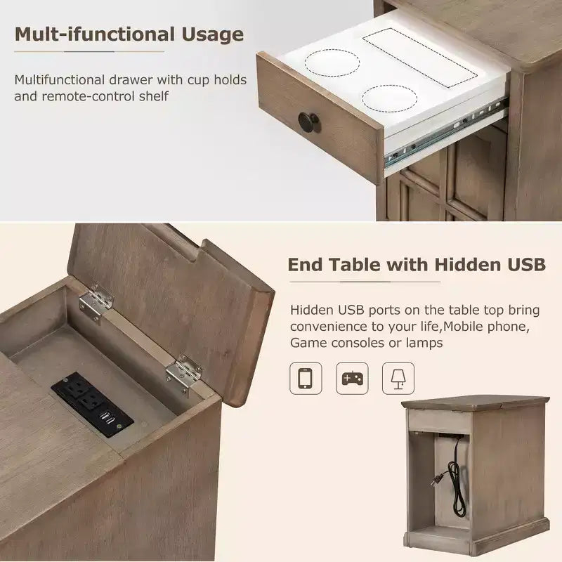 Mesa Auxiliar Vintage con Puertos USB, Cajón Multifuncional con Portavasos para Sala de Estar
