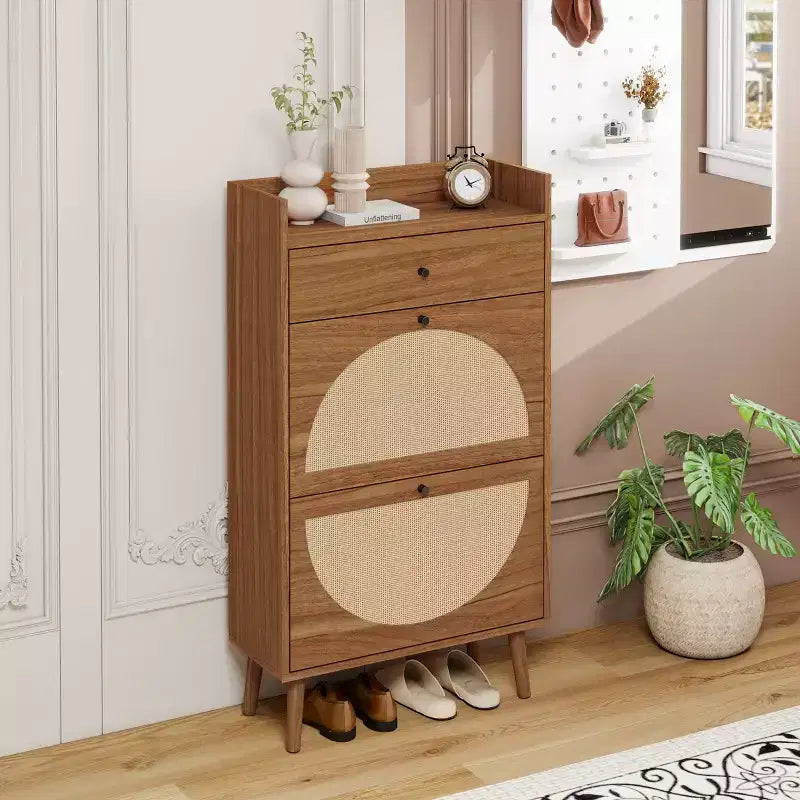 Zapatero de ratán con 2 puertas y 1 cajón, doble capa, acabado nogal
