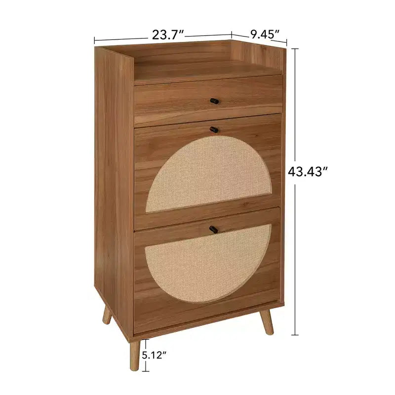 Zapatero de ratán con 2 puertas y 1 cajón, doble capa, acabado nogal
