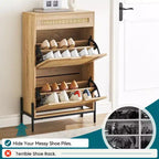 Zapatero con 2 puertas abatibles y cajones, organizador de zapatos de ratán natural con patas de metal y estante ajustable, independiente para recibidor